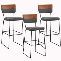 Kit 03 Banquetas Altas Faixa Camel Linho Cinza Escuro