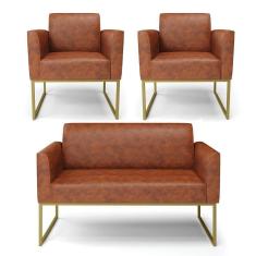 Sofá Namoradeira Com 2 Poltronas Base Industrial Dourado Marisa Corano D03 - D\`rossi Cor Nozes