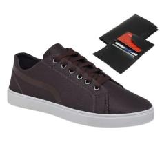Tênis Casual Masculino De Amarrar Sola Reta Leve Conforto + Carteira -