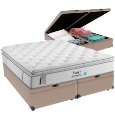 Cama Box Baú Bege E Colchão Confort Gel Molas Ensacadas Com Pillow Top Queen Sealy