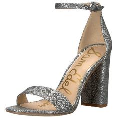 Sam Edelman Yaro Sandália de salto bloco tira no tornozelo duas peças prata cobra escarpim (prata, 7,5), Prata, 36