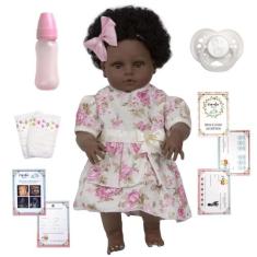 Boneca Reborn Menina Negra 100% Silicone Completa 13 Itens - Cegonha R