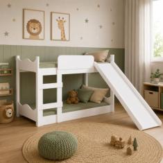 Beliche Cama Solteiro Infantil Escada Escorregador Branco