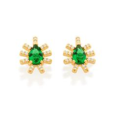 Brinco Rommanel Banhado Ouro Pequeno Com Cristal Verde E Zircônias