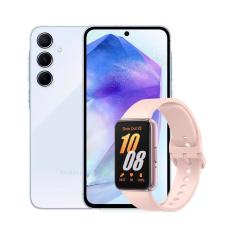 Smartphone Samsung Galaxy A55 5G Azul Claro 128GB, 8GB RAM, Câmera Tripla de até 50MP, Selfie de 32MP e Tela Super AMOLED 6.6" + Galaxy Fit3 Rose