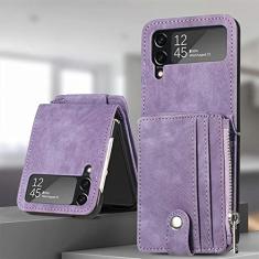 Capa dobrável tipo carteira de couro retrô destacável com zíper para Samsung Galaxy Z Flip 4 5G Flip4 Flip3 2 em 1 capa de telefone com suporte para cartões, roxa, para Samsung Z Flip 4