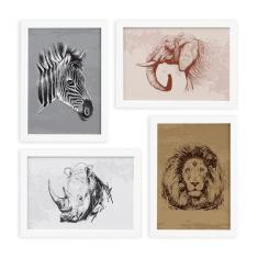 Quadros Animais Safari África Moldura Branca 22x32cm 4un - Quartinhos