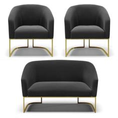 Namoradeira E 2 Poltronas Base Industrial Dourado Stella Suede D03 - D