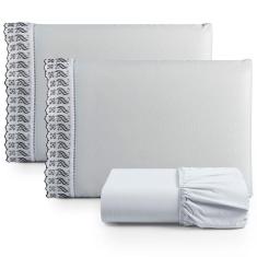 Jogo De Lençol Casal Suave Barrado Lese 3 Peças Barato - Cinza