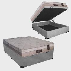 Cama Box Baú Casal Conforto Suede Cinza + Colchão Casal Conforto Espuma D23 Com eps 14x138x188