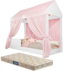 Cama Infantil com Colchão e Voal Rosa Montessoriana Crystal