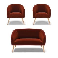 Kit 1 Sofá Namoradeira e 2 Poltronas Stella Bouclê Terra Pés Palito Natural - D`Rossi