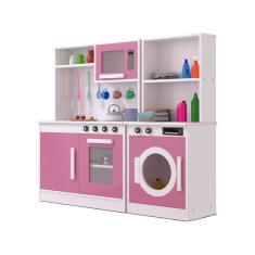 Cozinha Infantil com Fogão Pia Microondas + Lavanderia Rosa