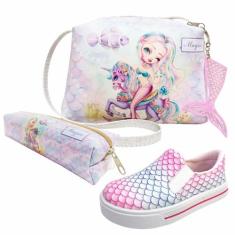 Kit Infantil Bolsa, Tênis e Estojo Sereia Com Unicórnio, Magicc Kids, 