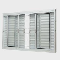 Janela de Aço Veneziana Central 100x200cm 6 Folhas com Grade Quadriculada e Vidro Liso Qualitysol