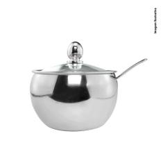 Açucareiro Em Aço Inox Com Tampa De Vidro E Colher Cozinha