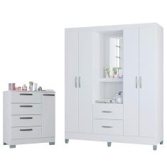 Cômoda 868 4 Gavetas e 1 Porta com Guarda Roupa Solteiro Córdoba 4 Portas Branco Brilho - Poquema