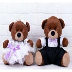 CASAL DE URSOS TEDDE PAJEM PRETO,DAMINHA BRANCA 22cm - PELUCIA MARROM.