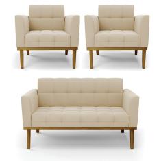 Namoradeira Com 2 Poltronas Base De Madeira Castanho Elisa Suede D03 - D\'rossi Cor Bege