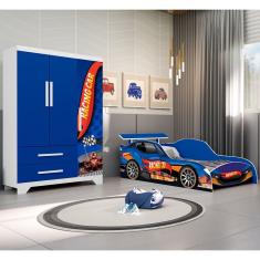 Conjunto Quarto Infantil Carros - Cama Solteiro Proteção Lateral com Colchão e Roupeiro Mdf - Azul