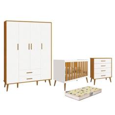 Dormitório Infantil Isis Guarda Roupa 4 Portas, Cômoda e Berço Branco/