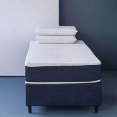 Cama Box Solteiro Azul com Colchão Guldi Dream Mola Ensacada (30x88x188) e 1 Travesseiro Guldi Dream Branco e Azul