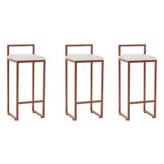 Kit 3 Banquetas Bar Cozinha Bistrô Altas Em Aço Industrial Dori Cobre Assento Suede Branco