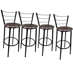 Kit 4 Banquetas Altas Preta com Encosto Assento Floral Marrom