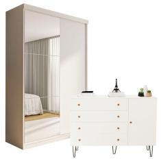 Conjunto Guarda-Roupa Solteiro 2 Portas de Correr e Cômoda 1 Porta 4 Gavetas Branco