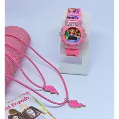 Kit Relógio Infantil Digital Pisca Luz Toca Musica + Colar de Amizade Best Friends Personagem Aranha Frozen Friend Moda