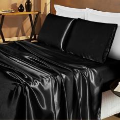 Jogo De Cama Lençol Cetim Casal Romantic 04 Peças - Preto