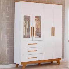 Guarda Roupa Infantil Retrô 4 Portas 3 Gavetas MDF Faura, Amendoa/Bran