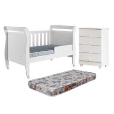 Quarto de Bebê com Berço Mini Cama com Colchão Slim e Cômoda de Bebê 100% Mdf 4 Gavetas Soft Life Branco
