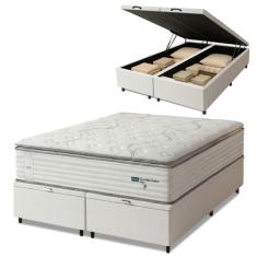 Cama Box Baú Casal Queen Colchão Molas Guarda Costas Com Pillow 158x198x81cm Branco/Cinza