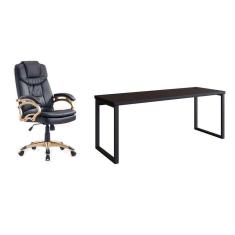 conjunto de mesa miguel 190 cm com cadeira de escritório presidente giratória com relax clark preta e dourada