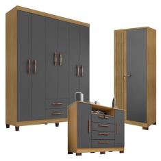 Guarda Roupa Casal Modena 6 Portas com Cômoda Madri e Armário Multiuso Versatile 2 Portas com Chave Carvalho Americano Grafite - Incorplac