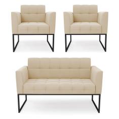 Kit 1 Sofá Namoradeira E 2 Poltronas Elisa Linho Bege A19 Base Metálica Industrial Preto - D`rossi