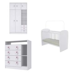Conjunto Completo com Berço, Cômoda e Guarda-Roupa Suspiro Branco