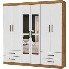 Guarda Roupa Hercules com 6 Portas 4 Gavetas e Espelho Cor Cinamomo Off White