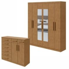 Conjunto de Guarda-roupa 6 Portas com Espelho Jazz e Cômoda Toronto Amêndoa Clean