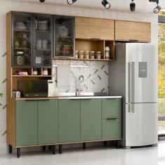 Cozinha Modulada Toscana 4 Peças Mdf com Aéreo 1200 Porta de Vidro e Paneleiro Freijó/jade