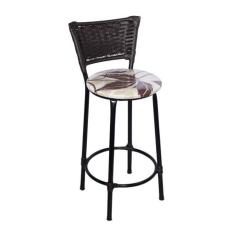 Banqueta Média Preta com Encosto Junco Argila Assento Floral Marrom - 