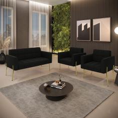 Sofá Namoradeira E 2 Poltronas Pé De Ferro Dourado Elisa Suede D03 - D'rossi Cor Preto