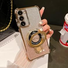 ZXDK Capa com suporte magnético com glitter para Samsung Galaxy S25 S24 S23 S22 Ultra S24 Plus compatível com Magsafe, com protetor de lente de câmera, capa transparente à prova de choque militar