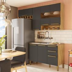 Cozinha Modulada Compacta 3 Peças 7 Portas 2 Gavetas sem Tampo com Vidro Reflecta 100% Mdf Itália Es Amêndoa/Cinza