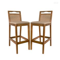 Kit 2 Banquetas para Bancada Alta de Madeira Estofada Valência Rattan Amêndoa Linho Bege CCS