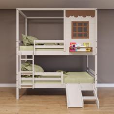 Beliche Casinha Reta com Grade Removível e Escorregador Madeira Maciça Branco/ Amêndoa Housin