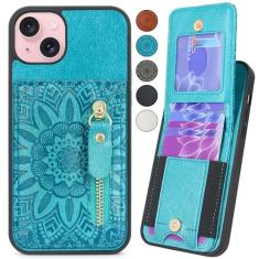 CMIDUS Capa carteira compatível com iPhone 15 / iPhone 14 / iPhone 13 de 6,1 polegadas com compartimentos elásticos para cartões, dinheiro, moeda, bolso com zíper, fecho magnético, capa flip para