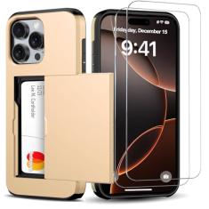 Benbenjaytek Capa carteira para iPhone 16 Pro com suporte para cartão + 2 protetores de tela de vidro temperado protetor à prova de choque com compartimento oculto para cartão, capa fina feminina e
