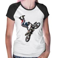 Baby Look Raglan Motocross Freestyle Trick - Foca na Moda, Branco, Pre